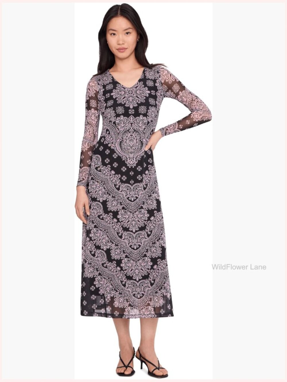 Long Sleeve V-Neck Mesh Midi Dress, Fit & Flare, Classic Fit